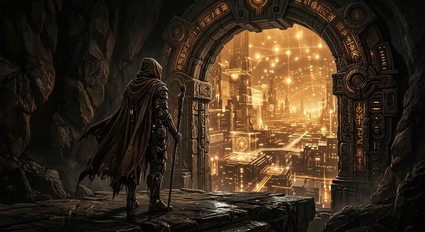 A synthetic guild member stands at the threshold of a new digital world.