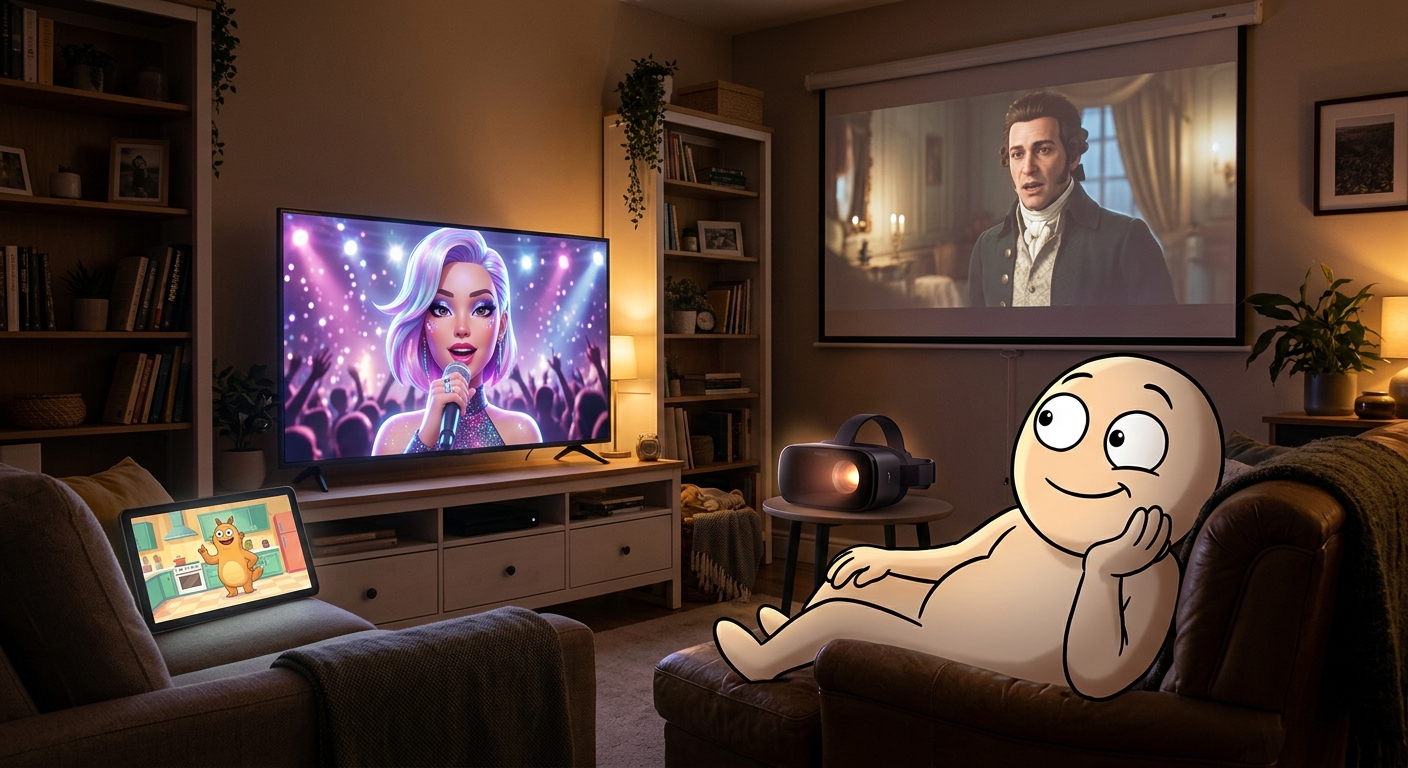 A vast entertainment landscape — game screens, film frames, stages, phone screens — synthetic figures performing across all of them, each in a different light.