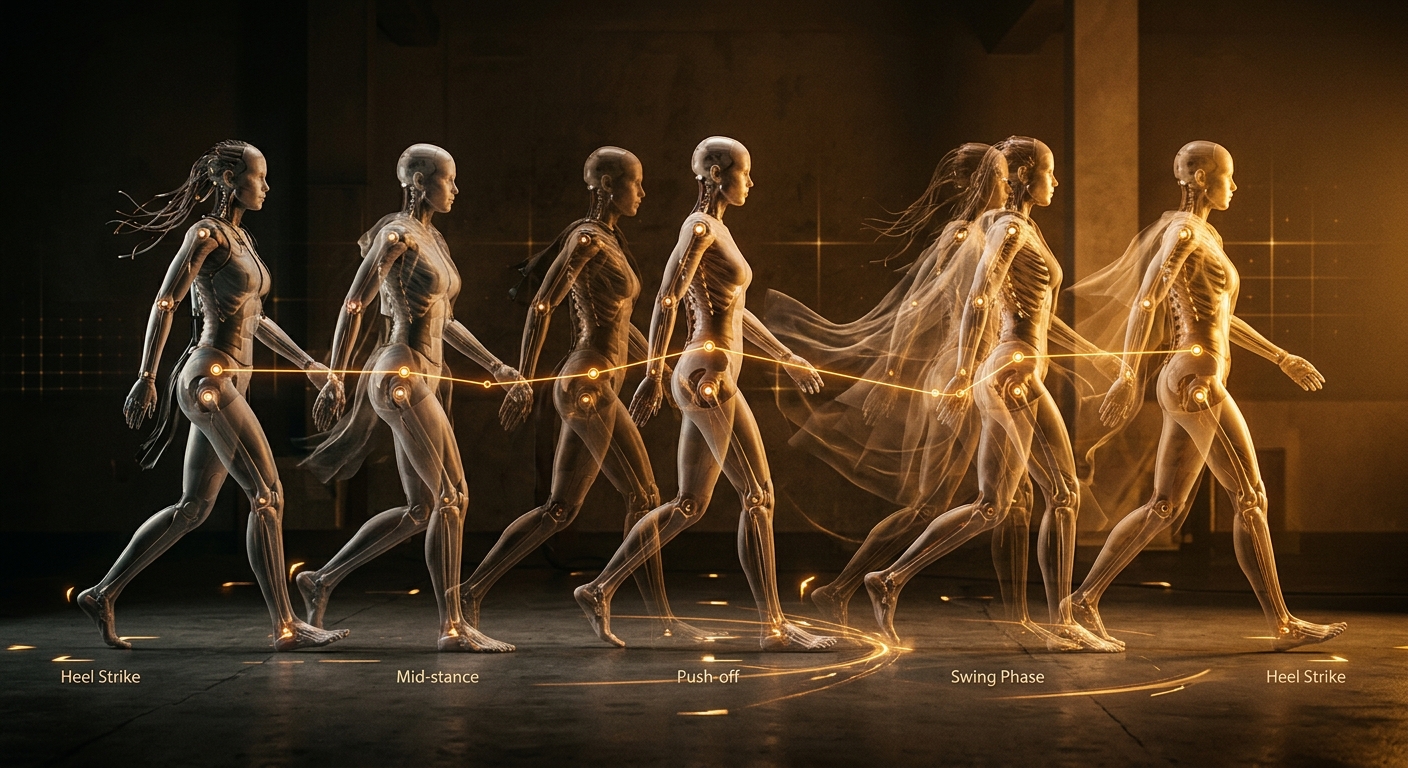 A synthetic figure mid-stride, motion trails showing the arc of movement, weight and momentum visible in the line of the body.