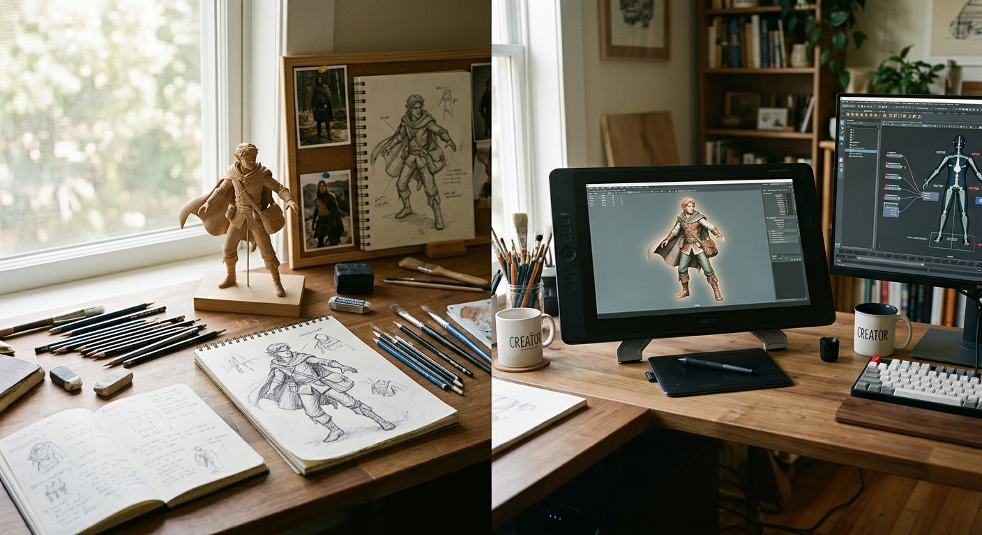 A timeline of tools: a hand-drawn figure beside a Poser mannequin beside a Genesis figure beside a MetaHuman face, each in the light of its era.